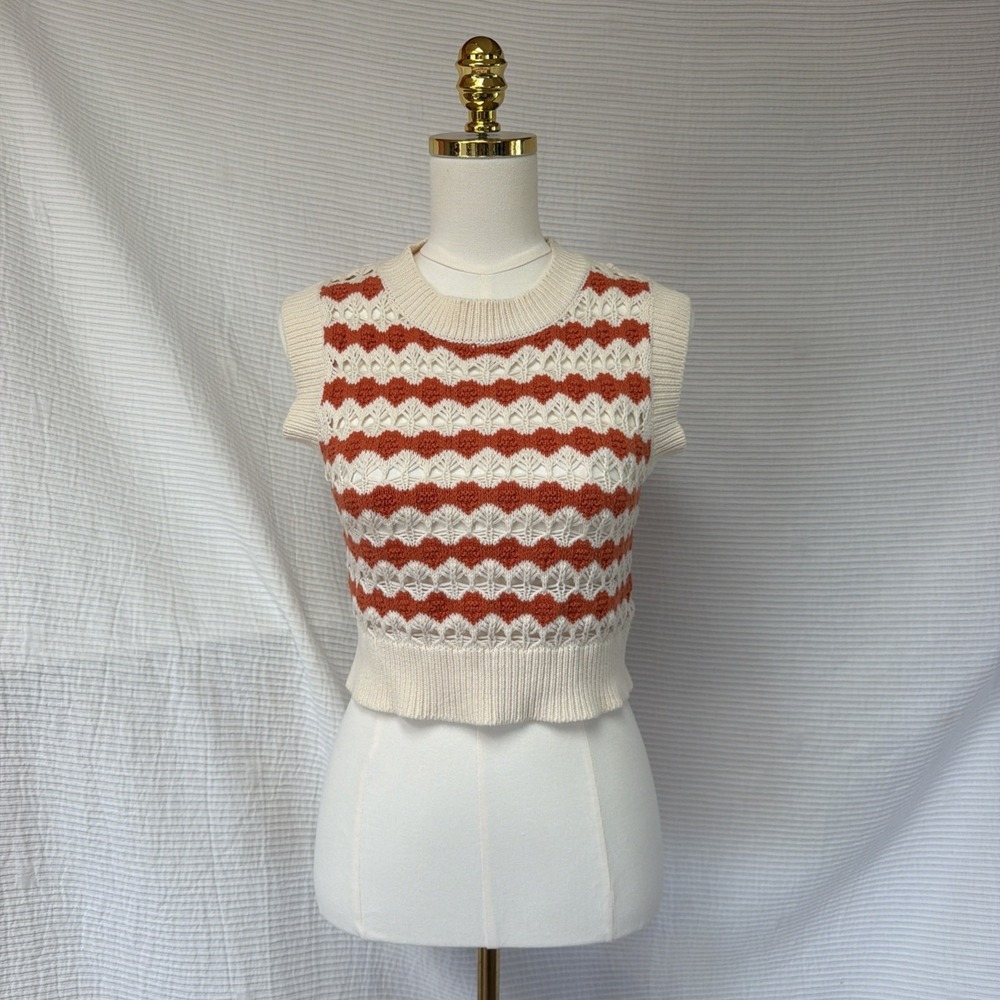 FRNCH Paris Cropped Crochet Vest S Orange White Stripe Preppy Y2K Open Knit